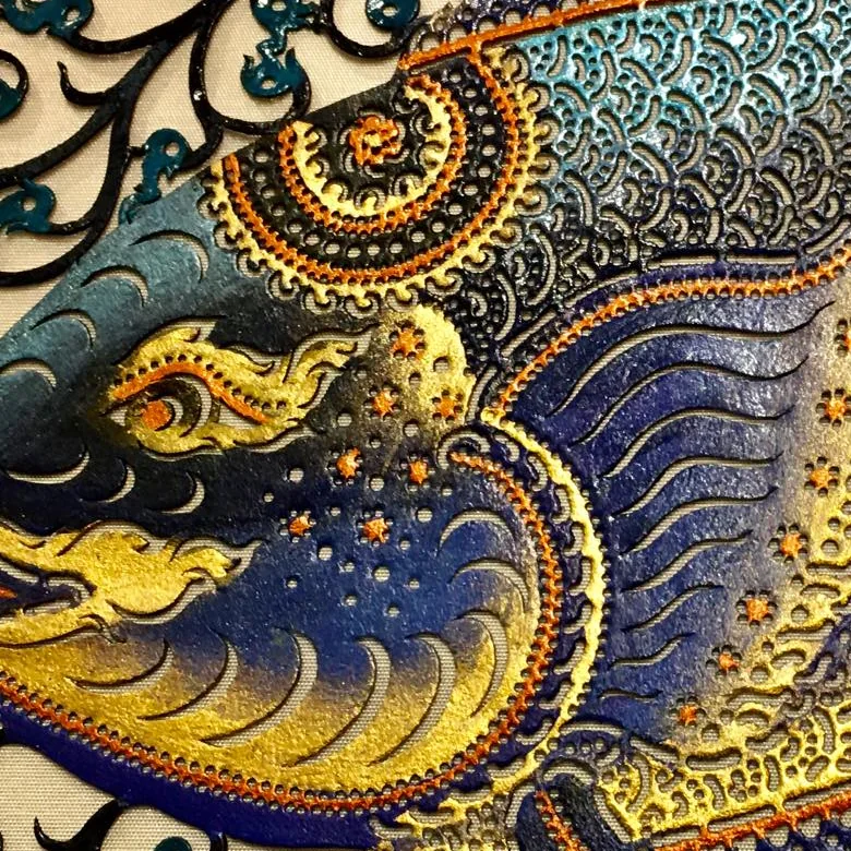 Closest: hand-punched holes in the painted leather, shown pixel for pixel